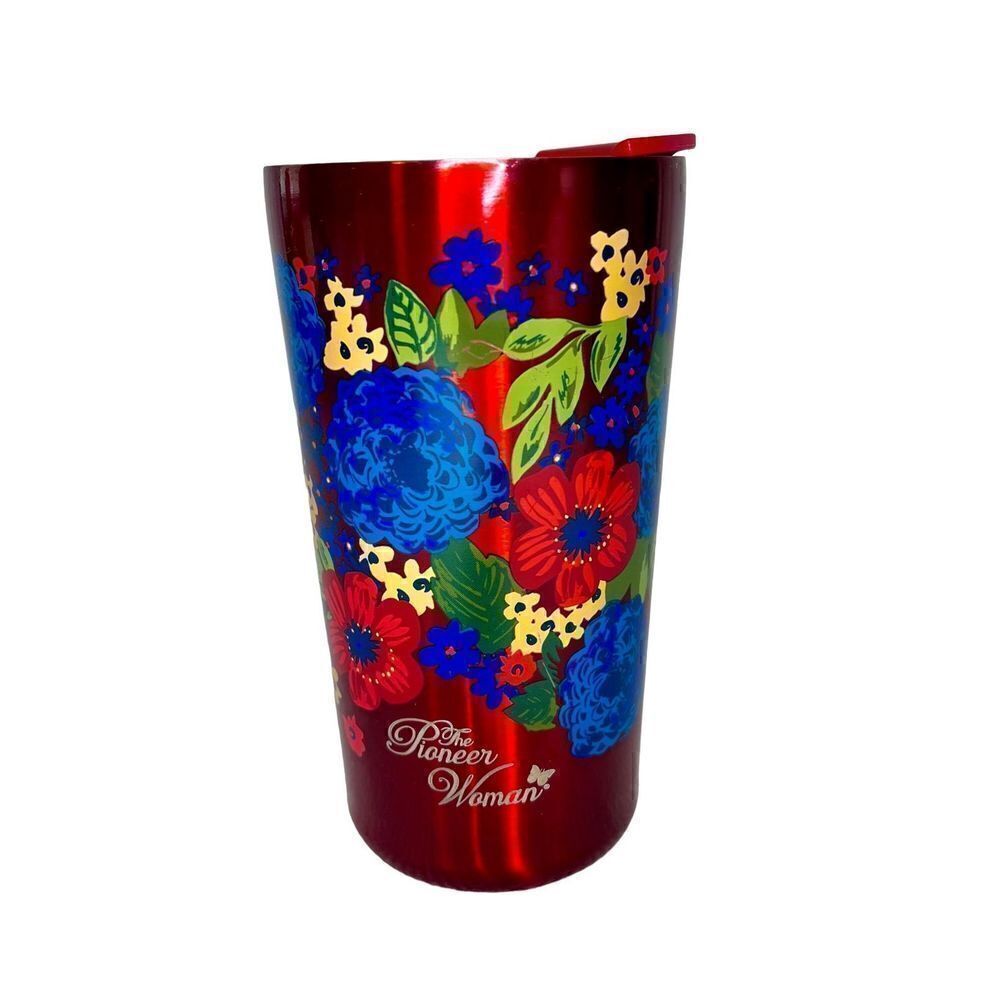 Pioneer Woman Red Floral Stainless Steel Double Insulated Cup Coffee Tea W Top